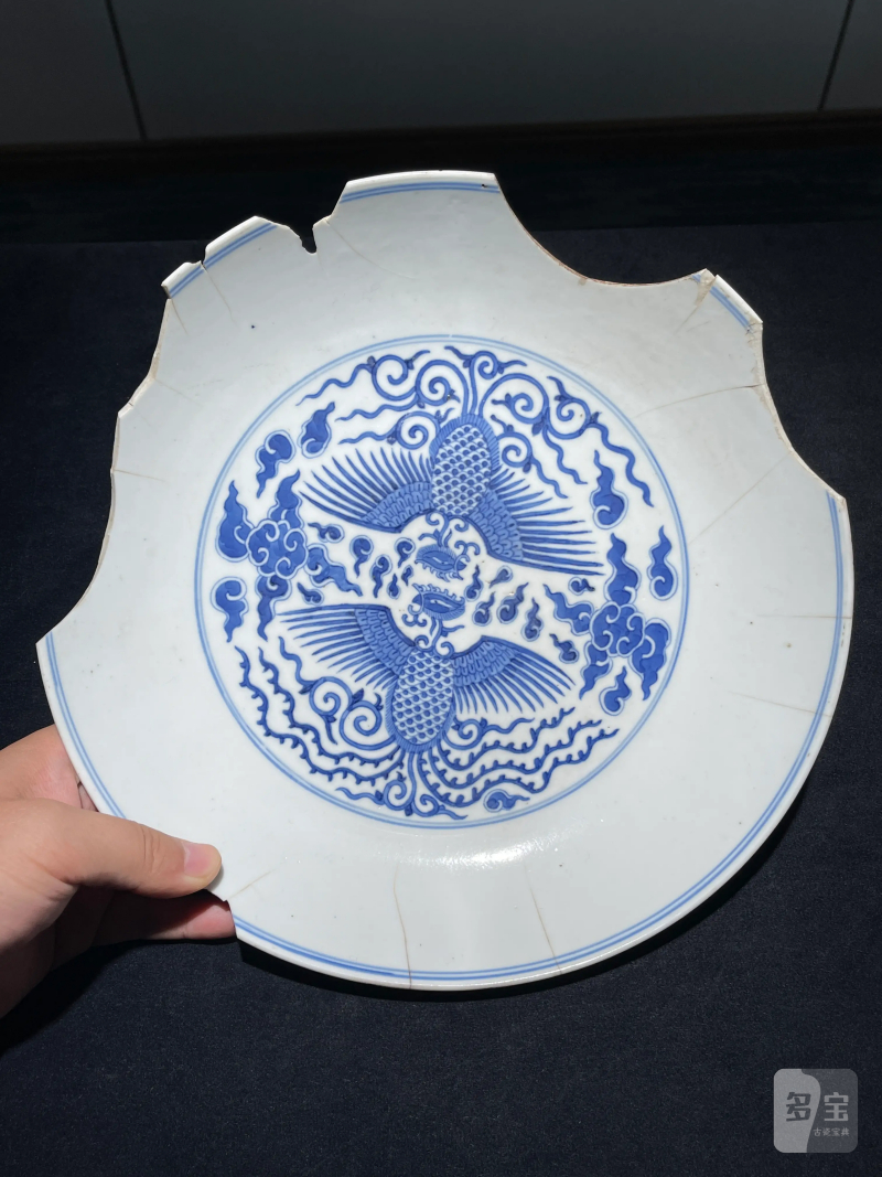 清同治 青花对头凤纹大盘 - 图2